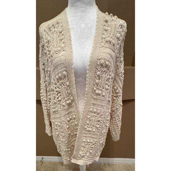 Lucky Brand Open Knit Crochet Cardigan Sweater women's Medium Cream Size XL - Picture 1 of 7